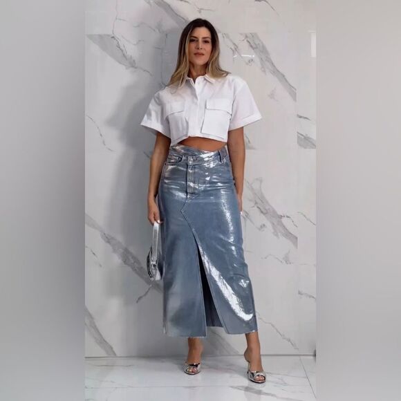 ZARA TRF METALLIC DENIM ASYMMETRIC SKIRT NWT - Picture 1 of 16